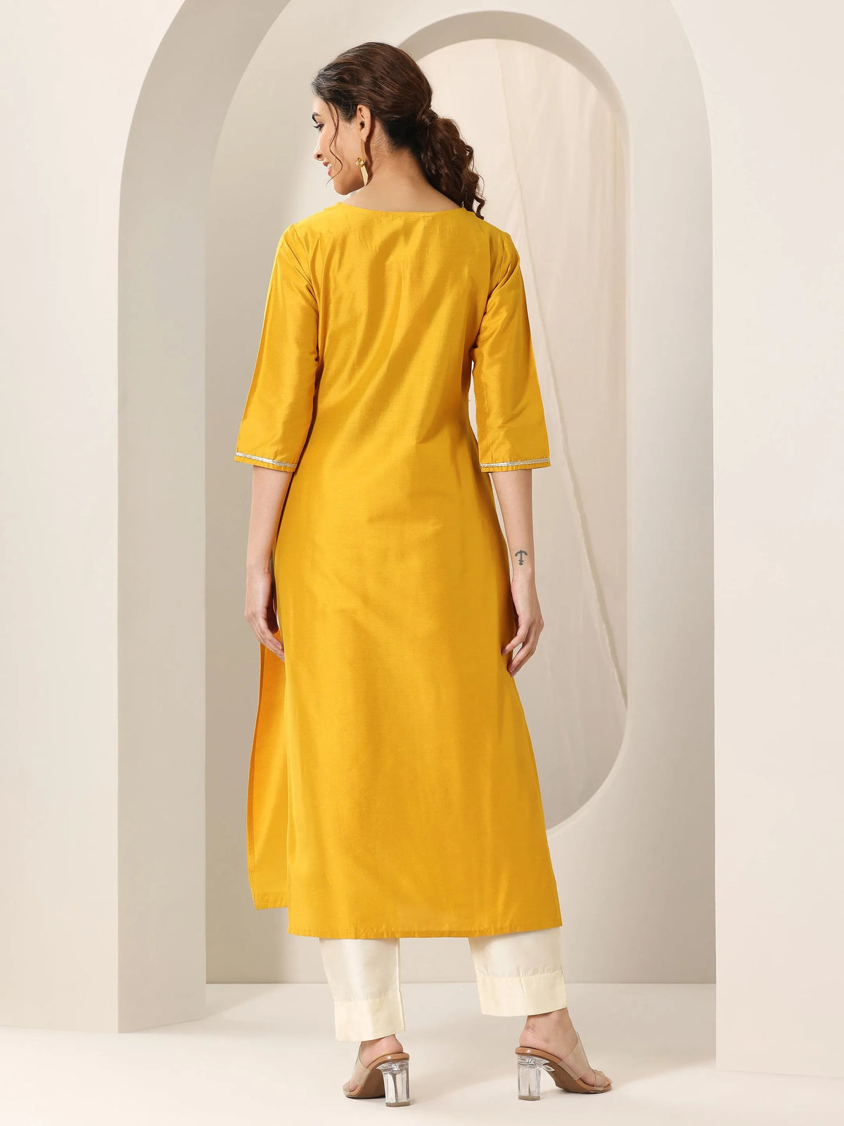 Anouk Mustard Yoke Design Silk Straight Kurta