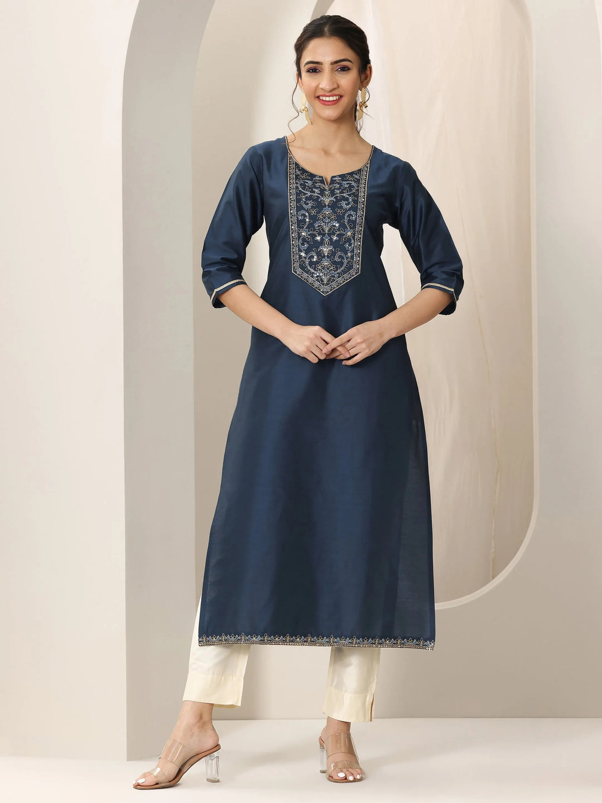 Anouk Navy Blue Yoke Design Silk Straight Kurta