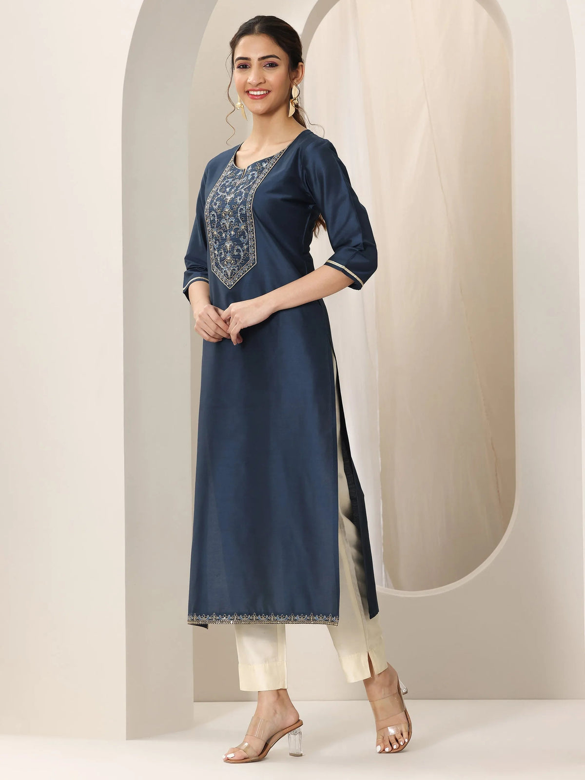 Anouk Navy Blue Yoke Design Silk Straight Kurta