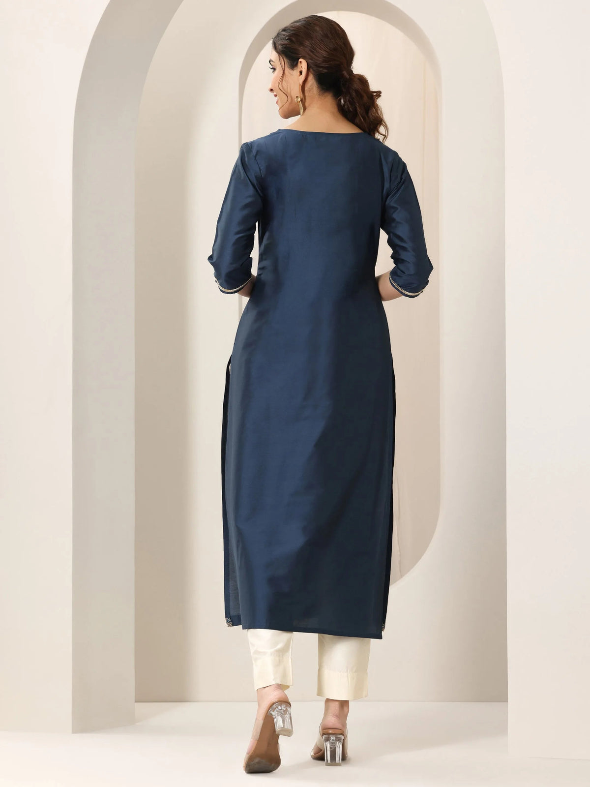 Anouk Navy Blue Yoke Design Silk Straight Kurta