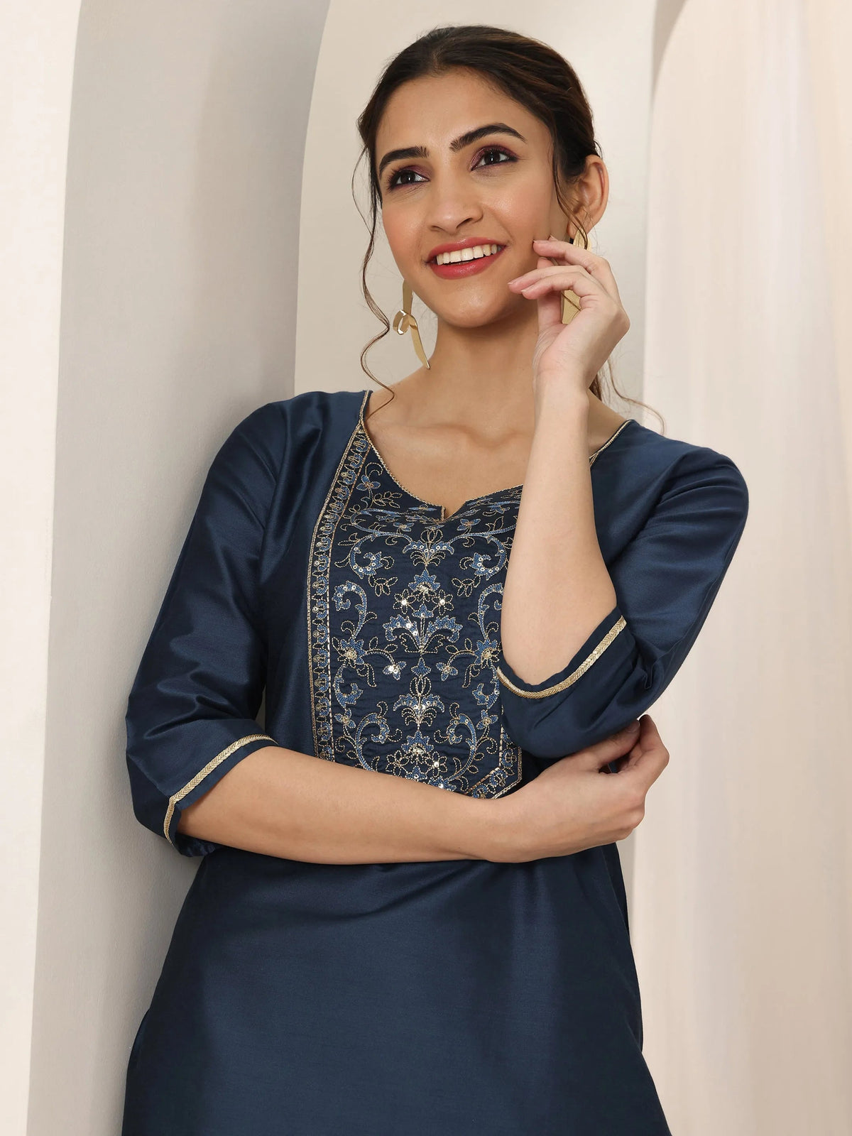 Anouk Navy Blue Yoke Design Silk Straight Kurta
