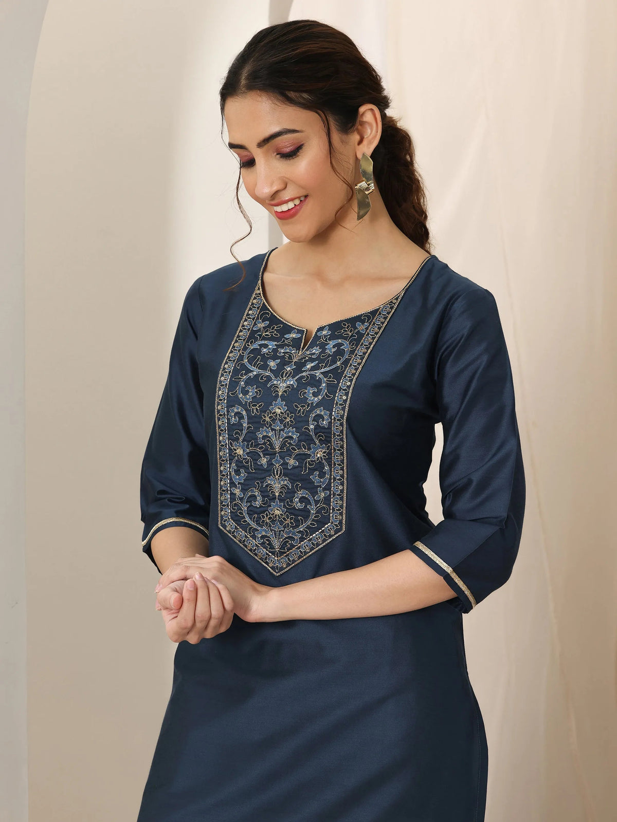 Anouk Navy Blue Yoke Design Silk Straight Kurta