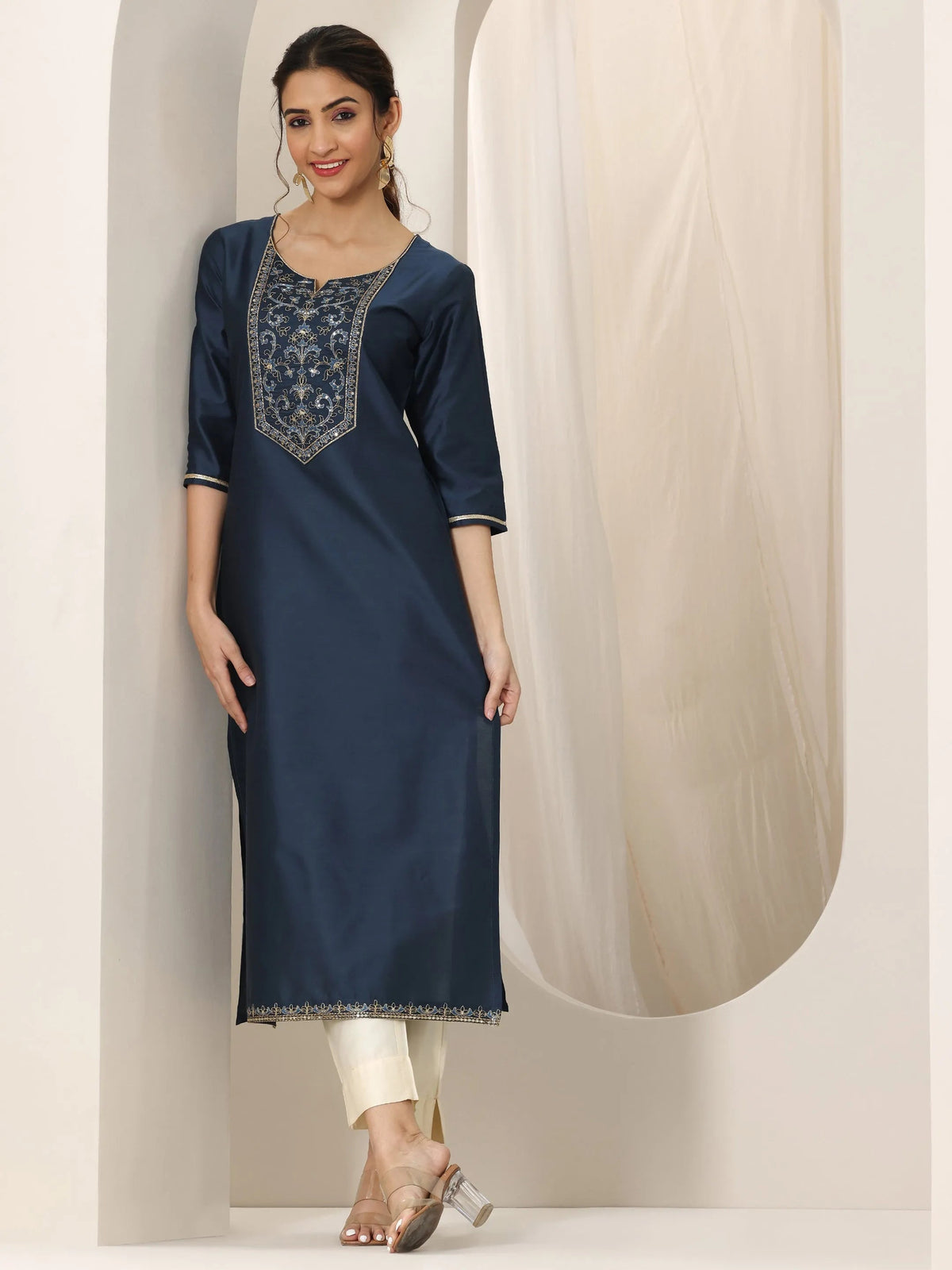 Anouk Navy Blue Yoke Design Silk Straight Kurta