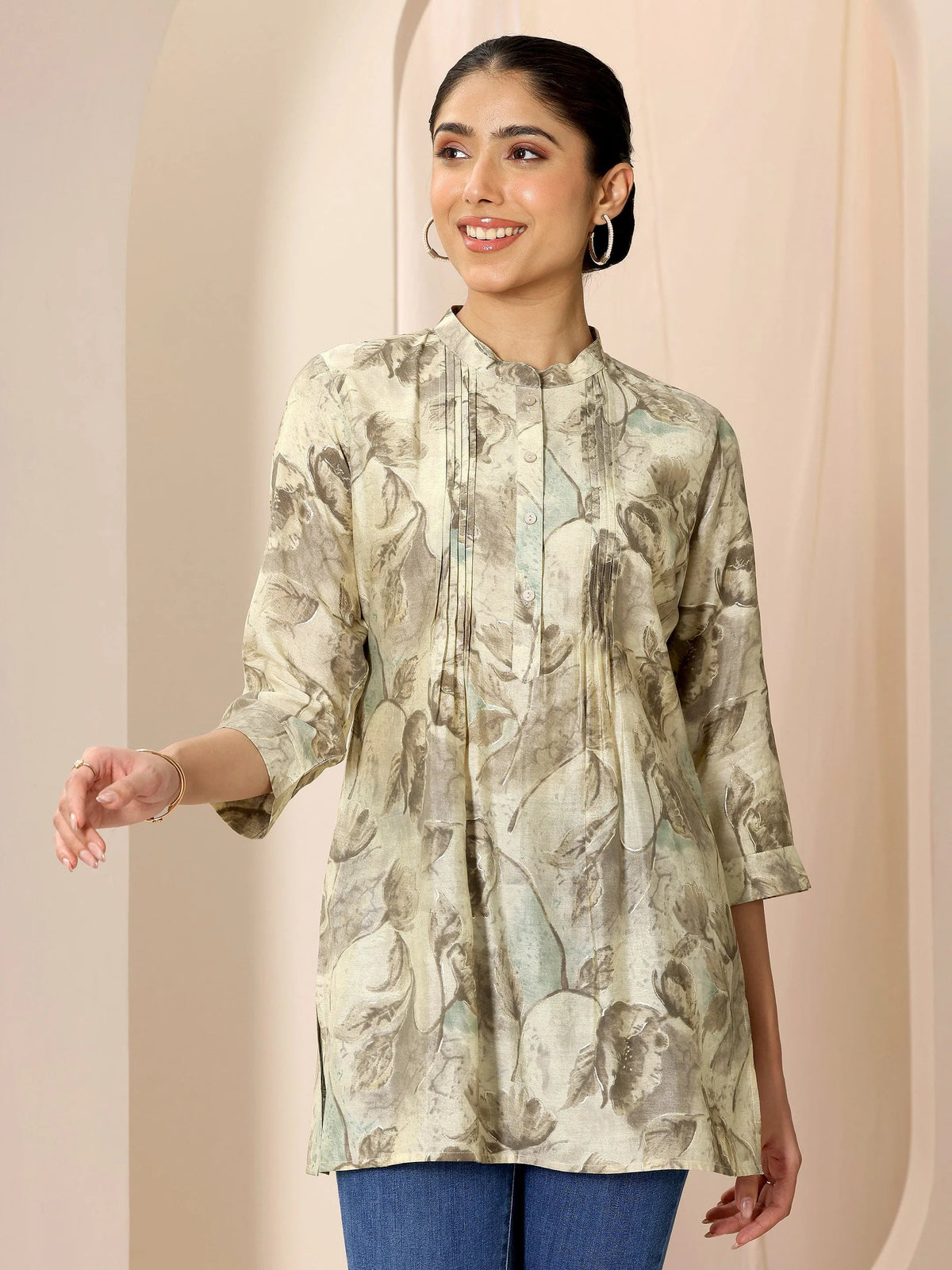 Anouk Beige Printed Silk Blend Straight Short Kurti