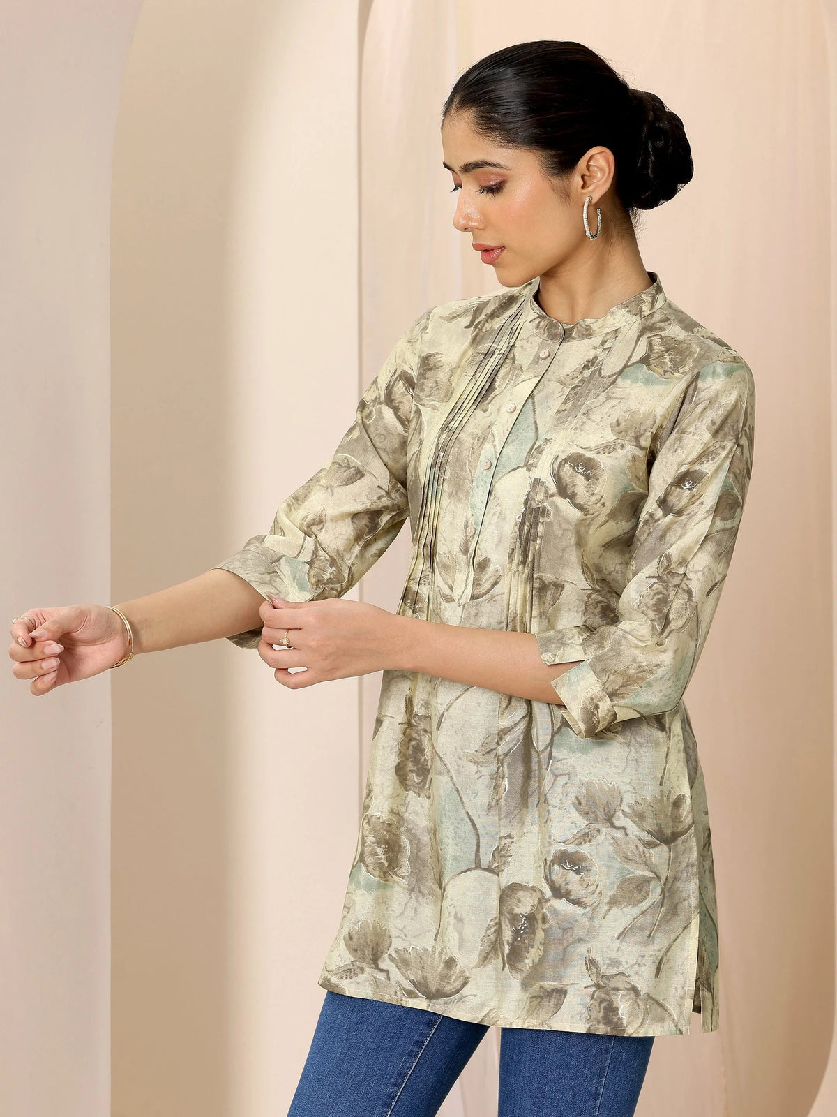Anouk Beige Printed Silk Blend Straight Short Kurti