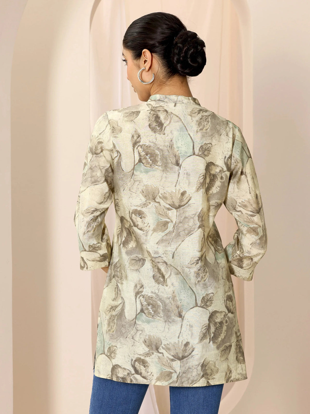 Anouk Beige Printed Silk Blend Straight Short Kurti