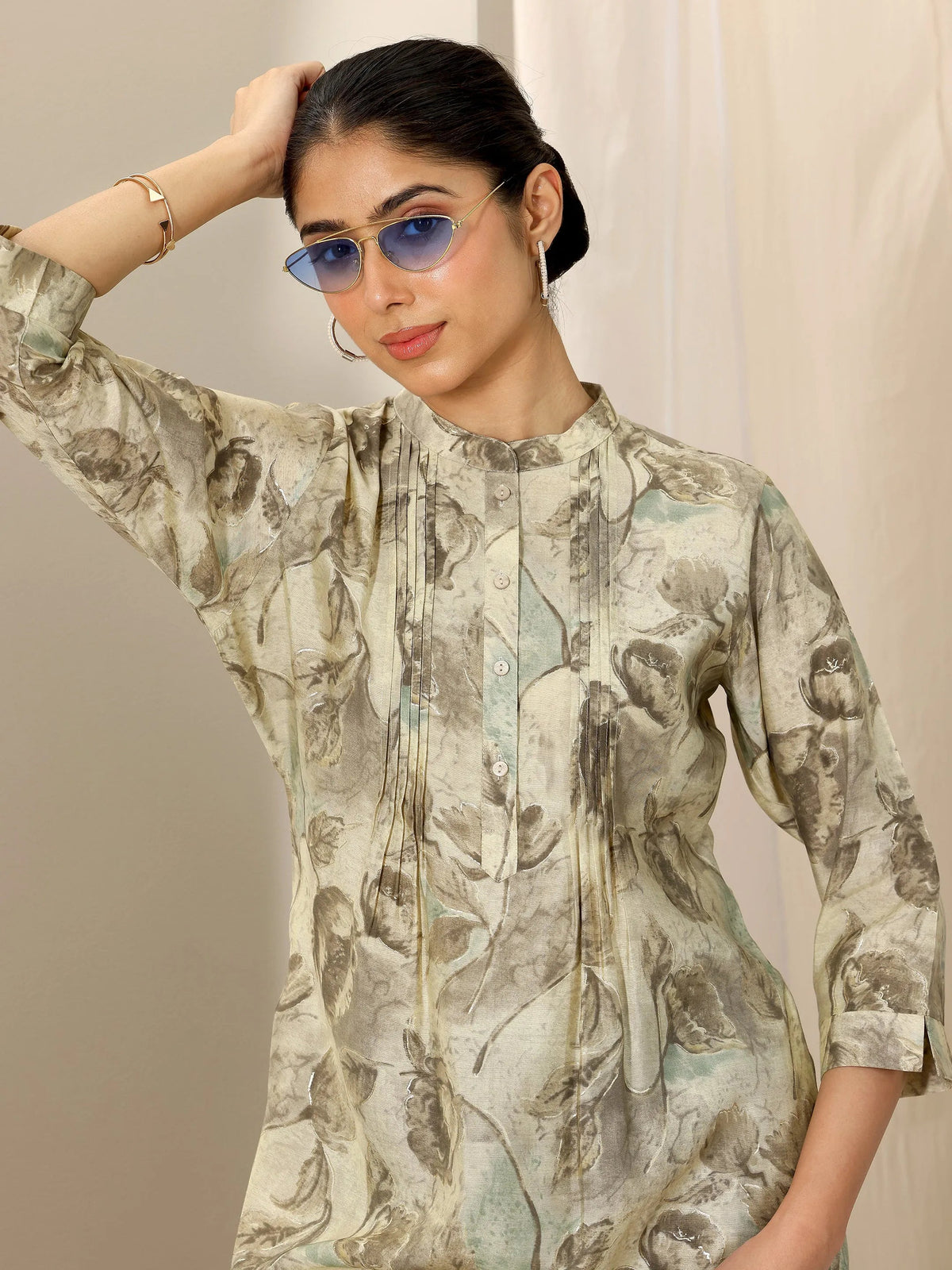 Anouk Beige Printed Silk Blend Straight Short Kurti