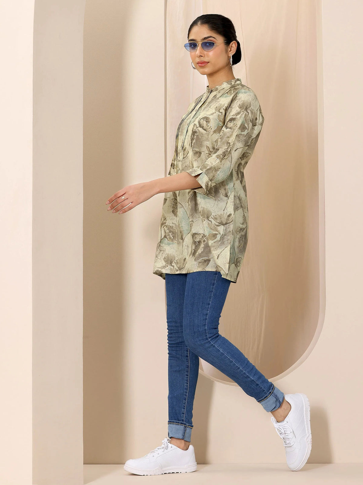 Anouk Beige Printed Silk Blend Straight Short Kurti