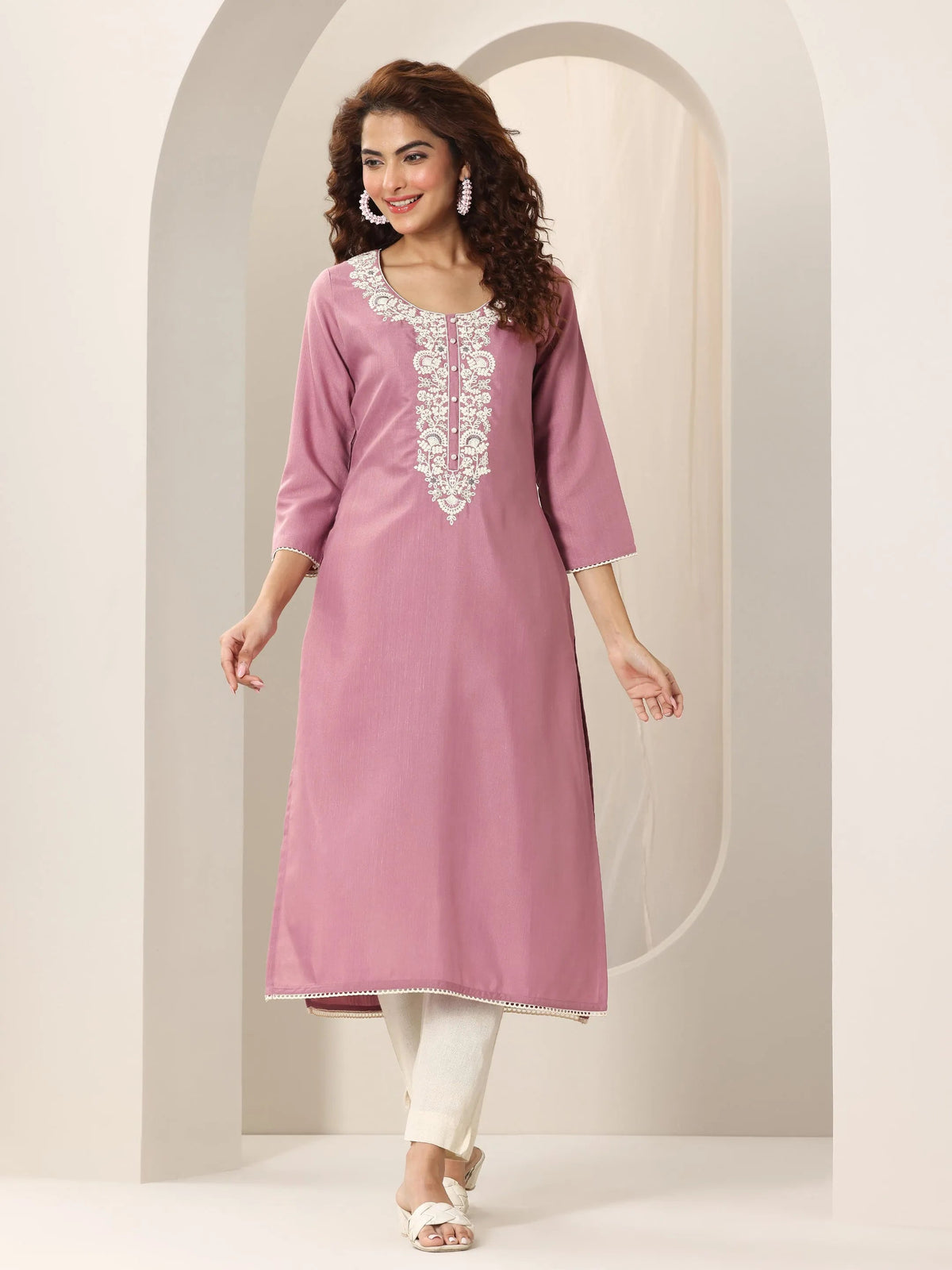 Anouk Pink Yoke Design Rayon Straight Kurta