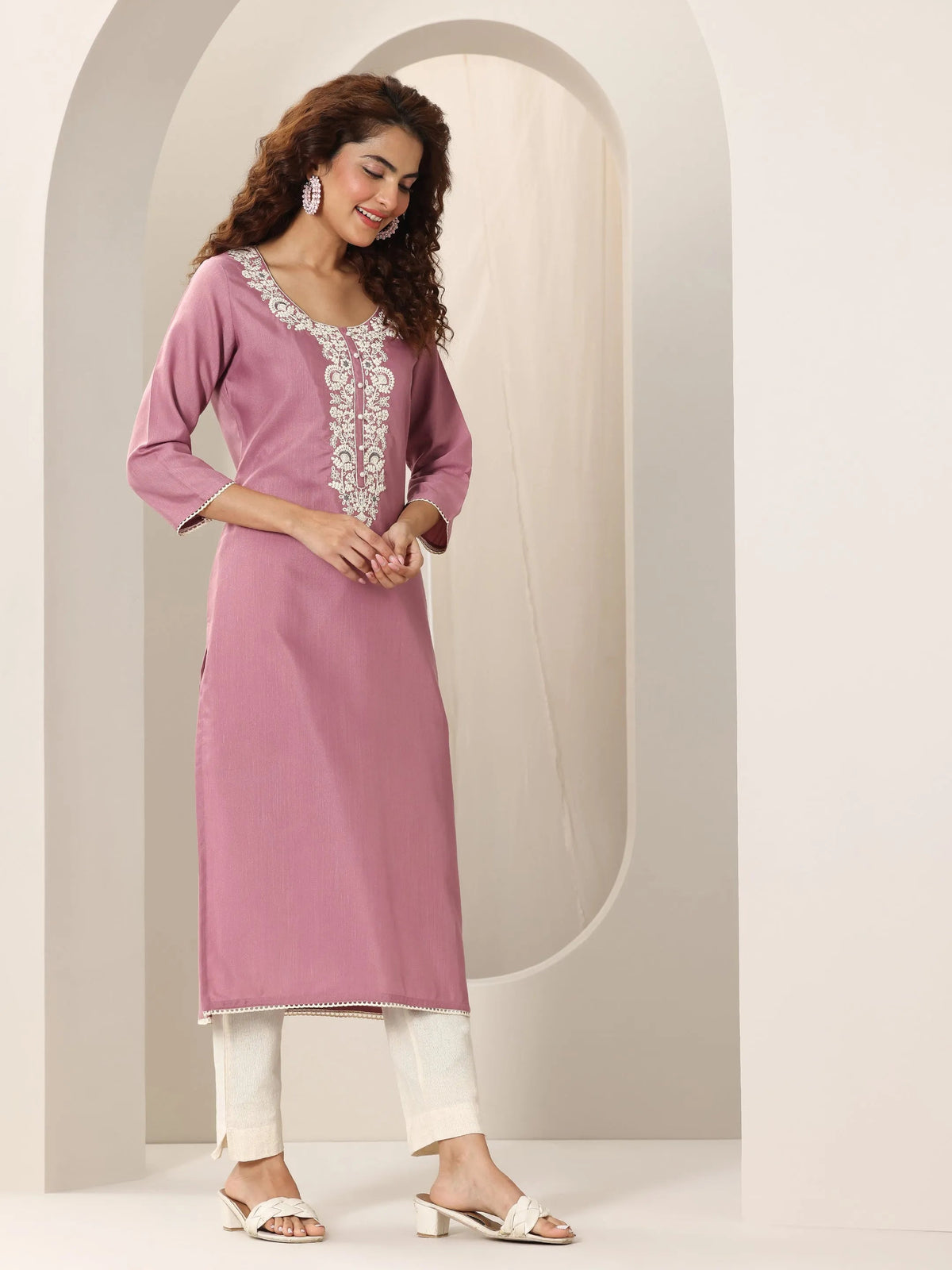 Anouk Pink Yoke Design Rayon Straight Kurta