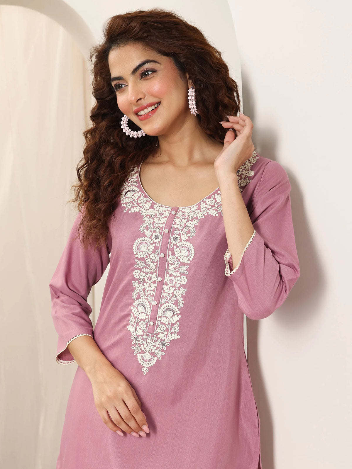 Anouk Pink Yoke Design Rayon Straight Kurta