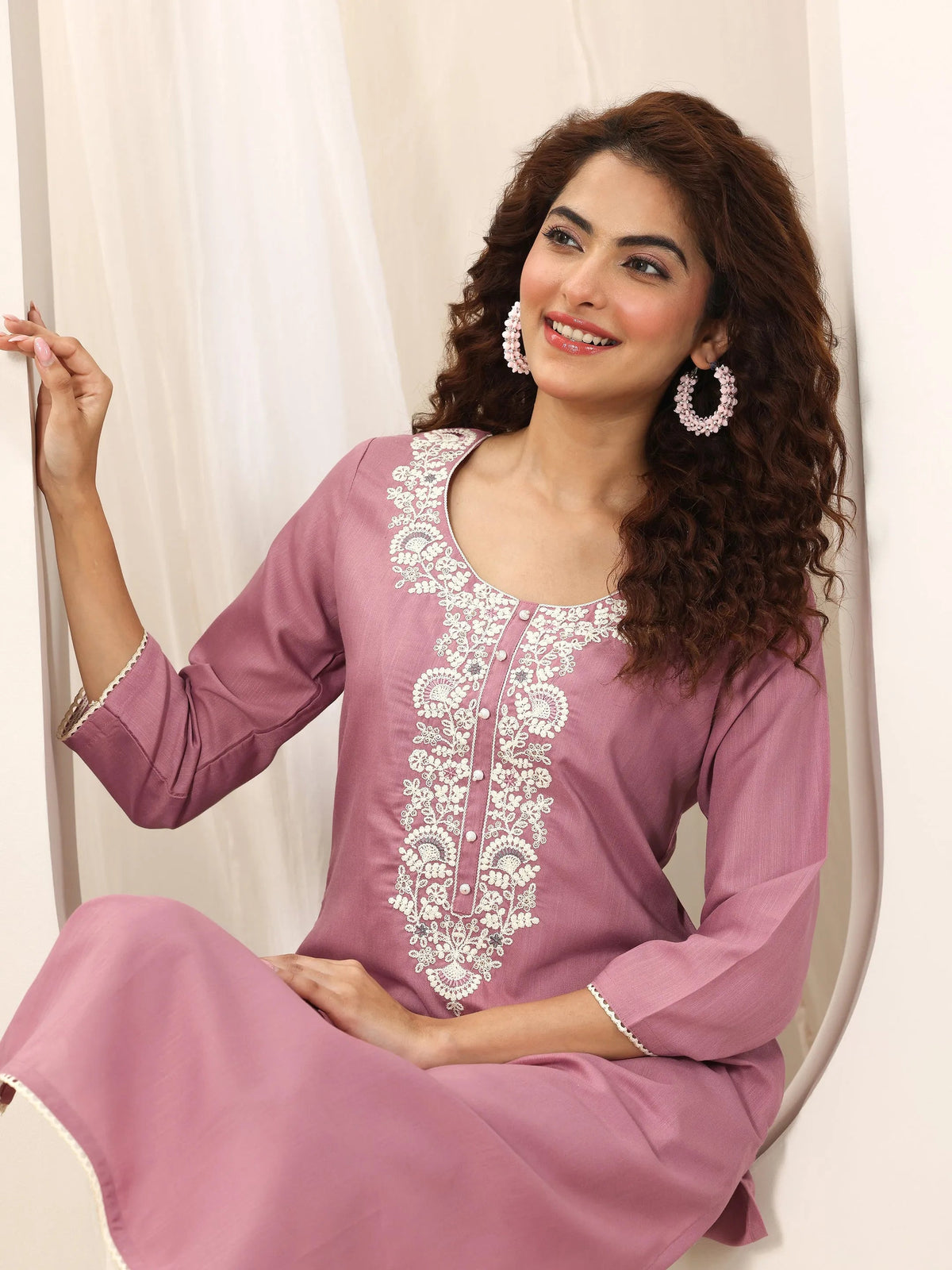 Anouk Pink Yoke Design Rayon Straight Kurta