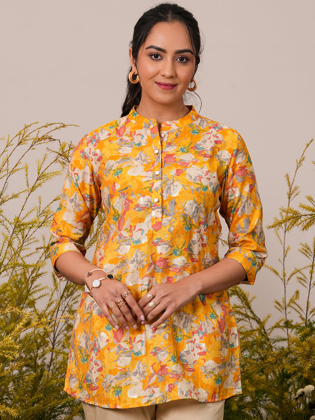 Anouk Yellow Printed Silk Blend A-Line Kurti