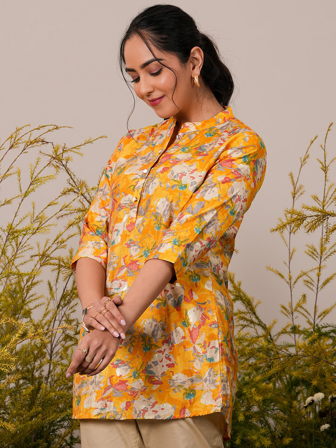 Anouk Yellow Printed Silk Blend A-Line Kurti