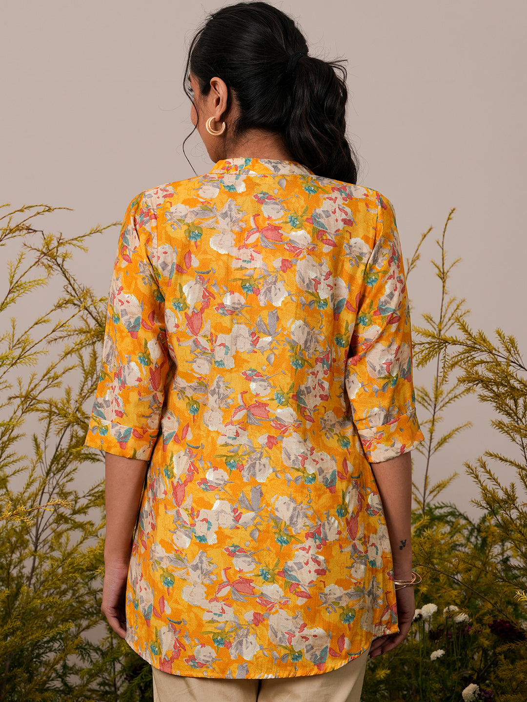 Anouk Yellow Printed Silk Blend A-Line Kurti
