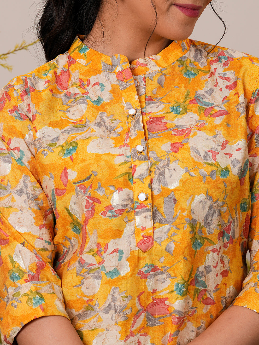 Anouk Yellow Printed Silk Blend A-Line Kurti