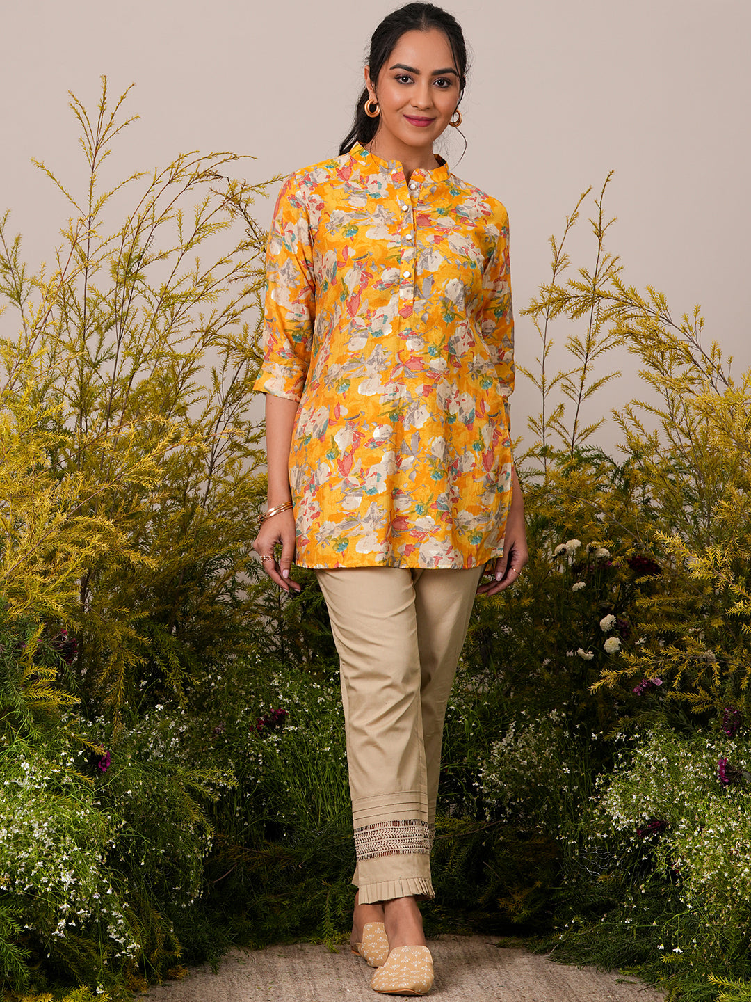 Anouk Yellow Printed Silk Blend A-Line Kurti