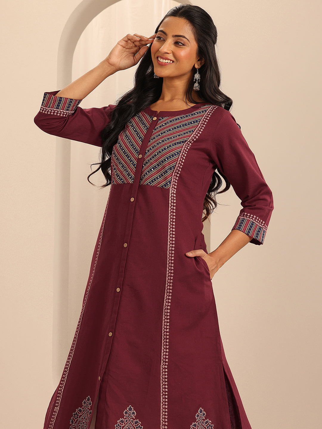 Anouk Maroon Printed Cotton Blend A-Line Kurta