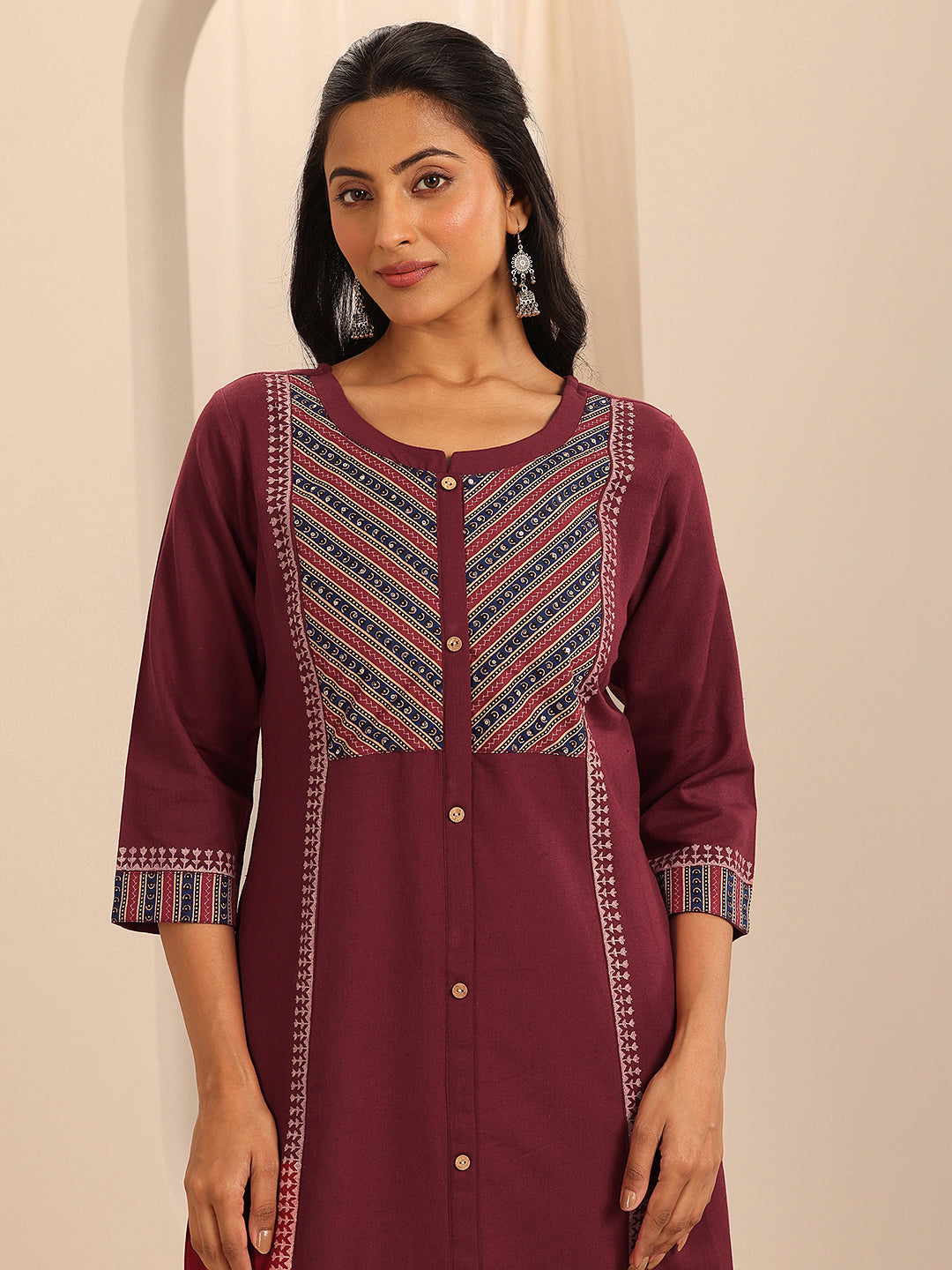 Anouk Maroon Printed Cotton Blend A-Line Kurta