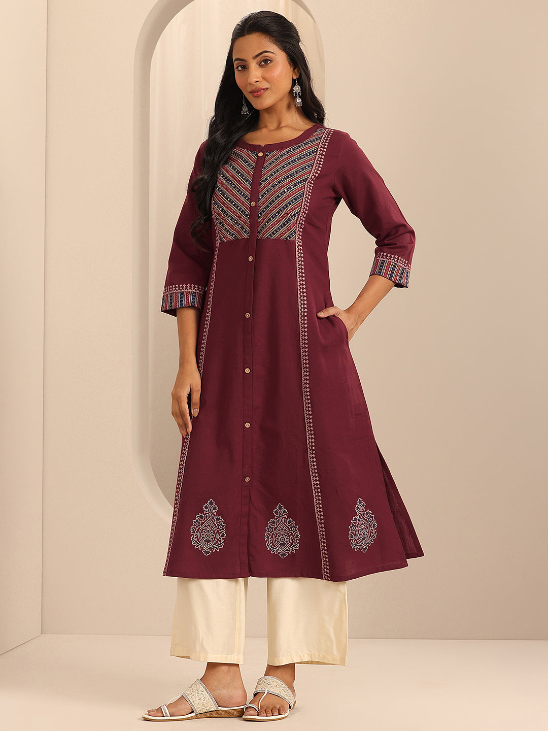 Anouk Maroon Printed Cotton Blend A-Line Kurta