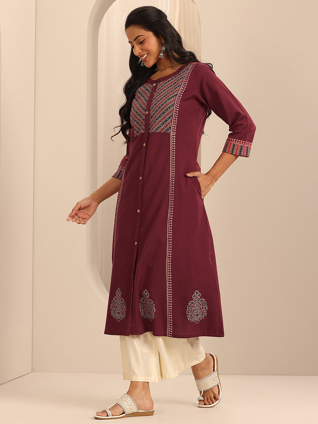 Anouk Maroon Printed Cotton Blend A-Line Kurta