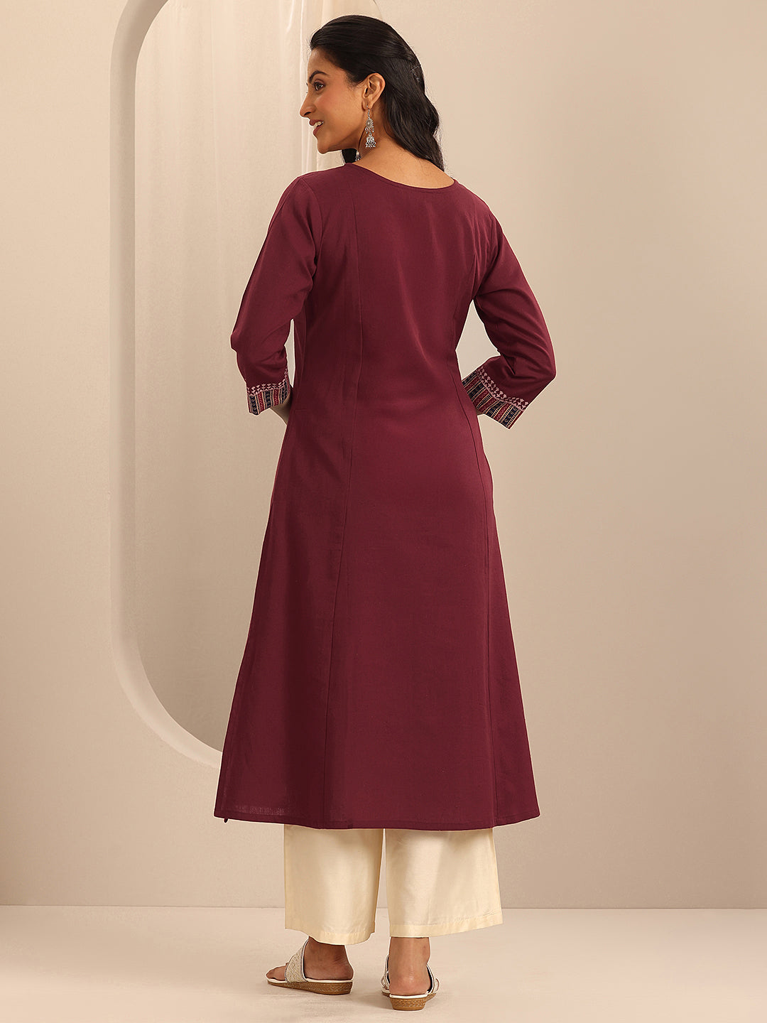Anouk Maroon Printed Cotton Blend A-Line Kurta
