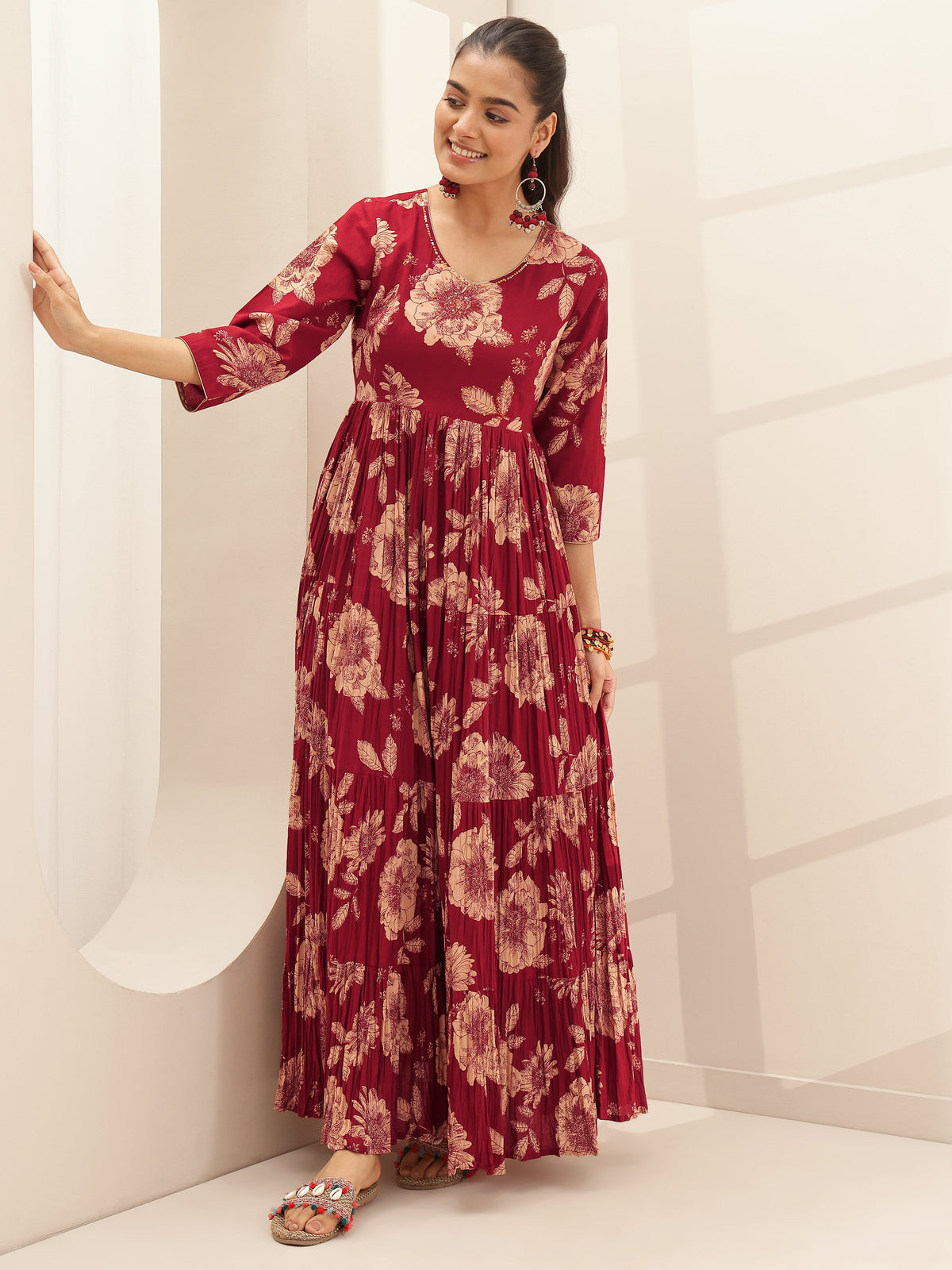 Anouk Maroon Printed Cotton Blend Fit and Flared One Piece Dress
