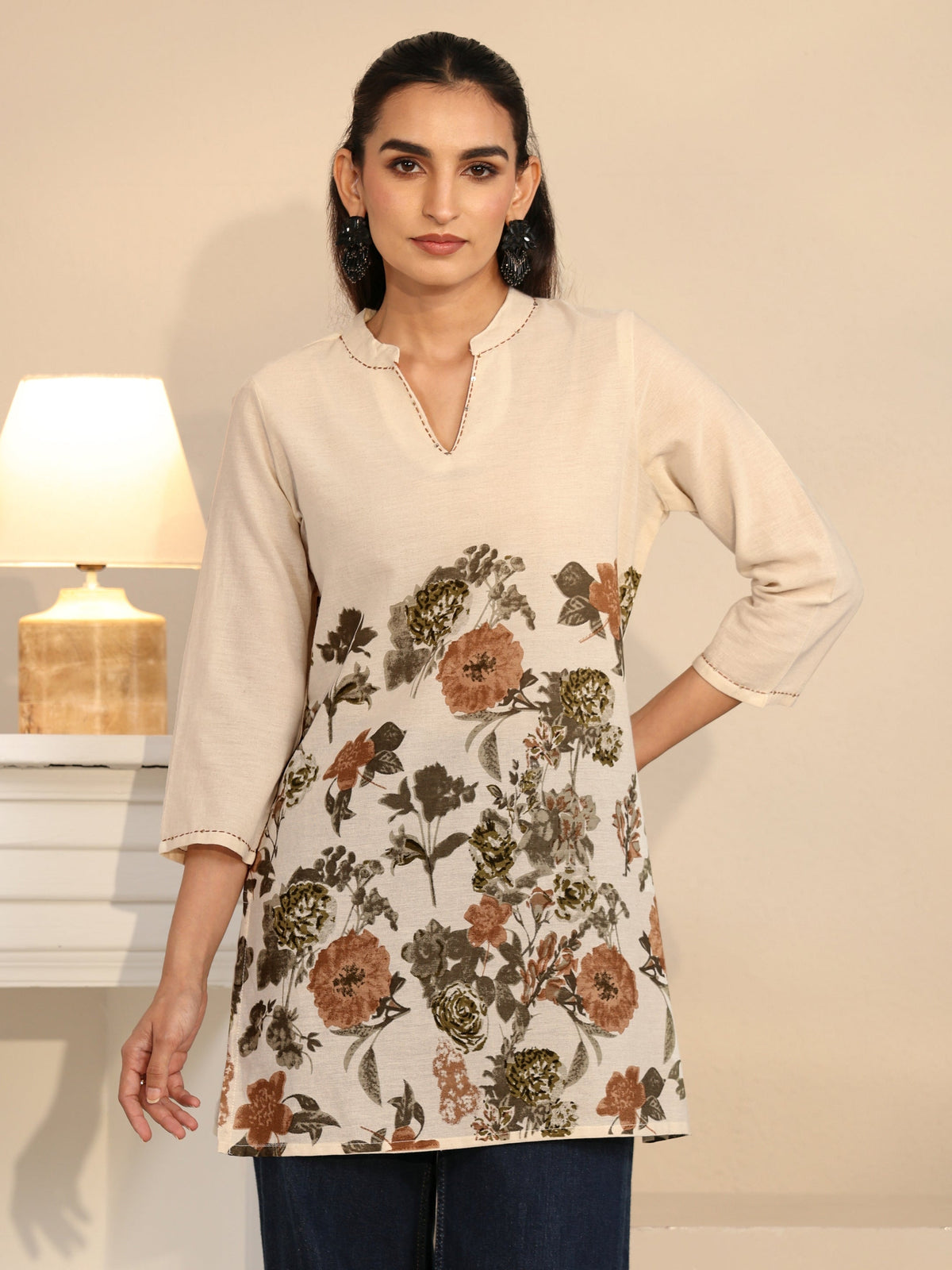 Anouk Off White Floral Printed Cotton Blend Short Kurti