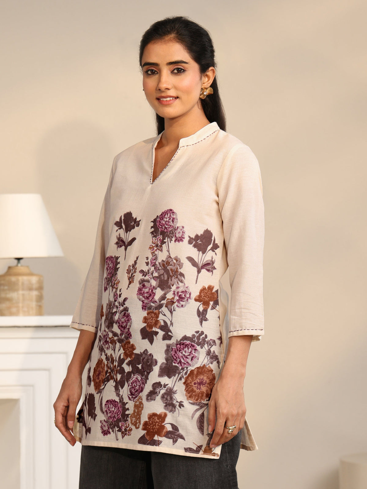 Anouk Off White Floral Printed Cotton Blend Short Kurti