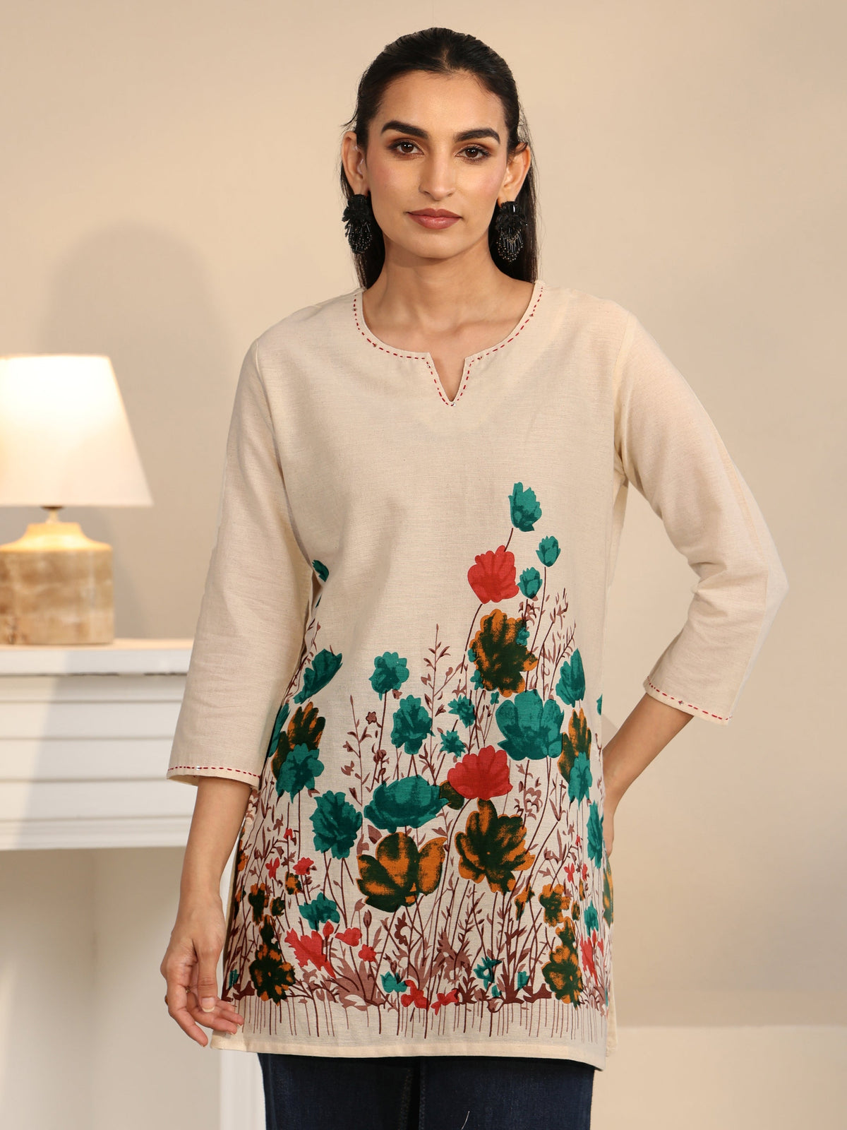 Anouk Off White Floral Printed Cotton Blend Short Kurti