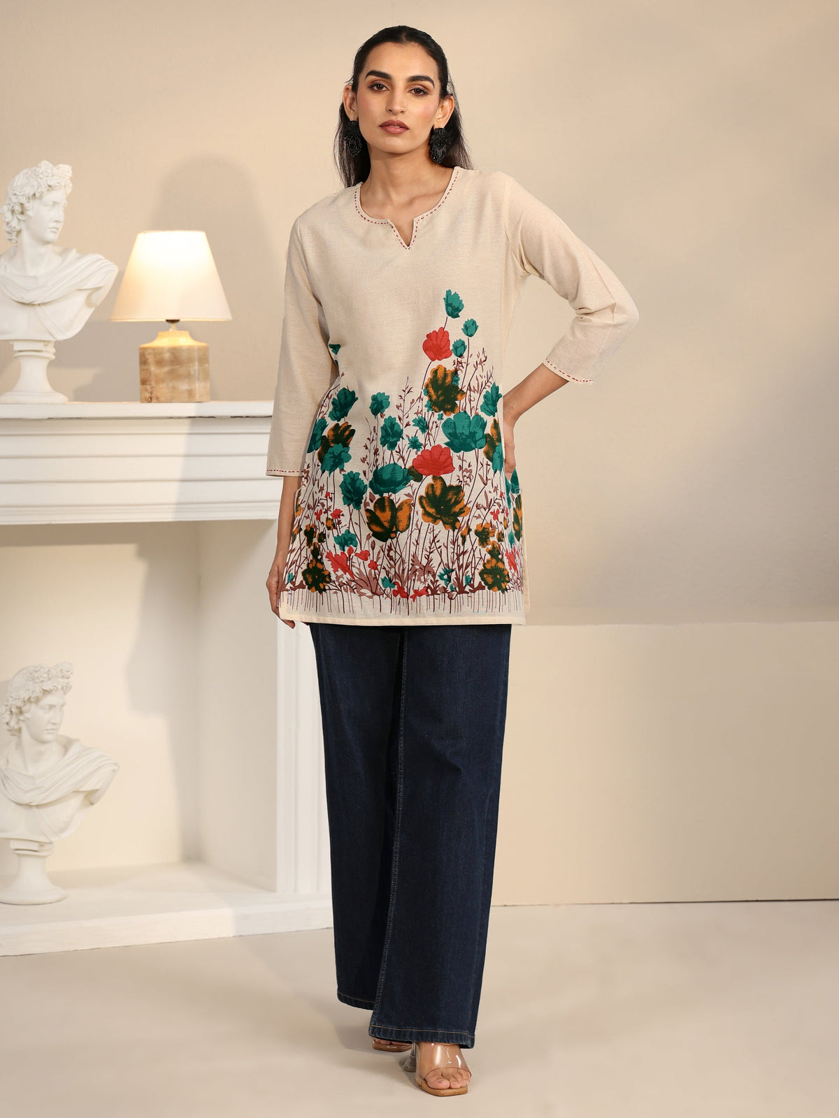 Anouk Off White Floral Printed Cotton Blend Short Kurti