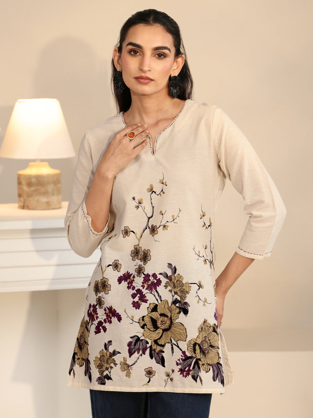 Anouk Off White Floral Printed Cotton Blend Short Kurti