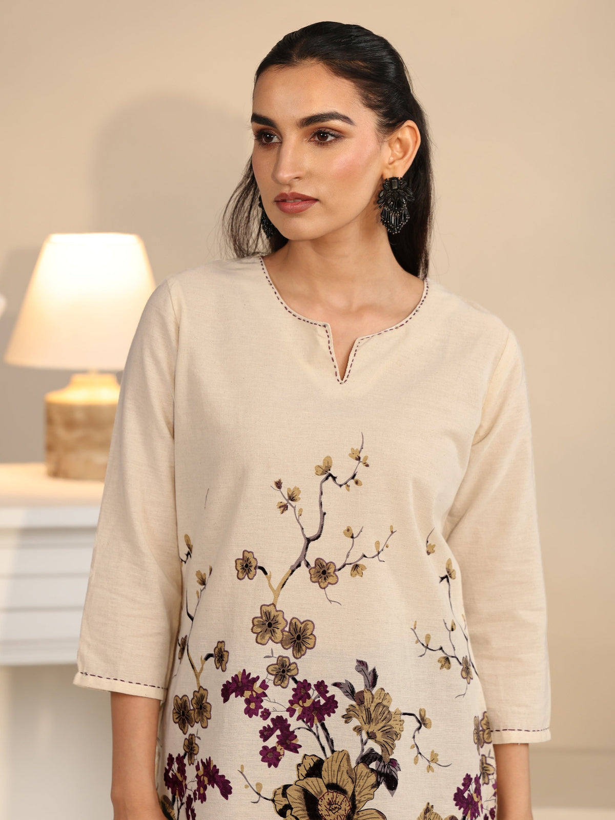Anouk Off White Floral Printed Cotton Blend Short Kurti