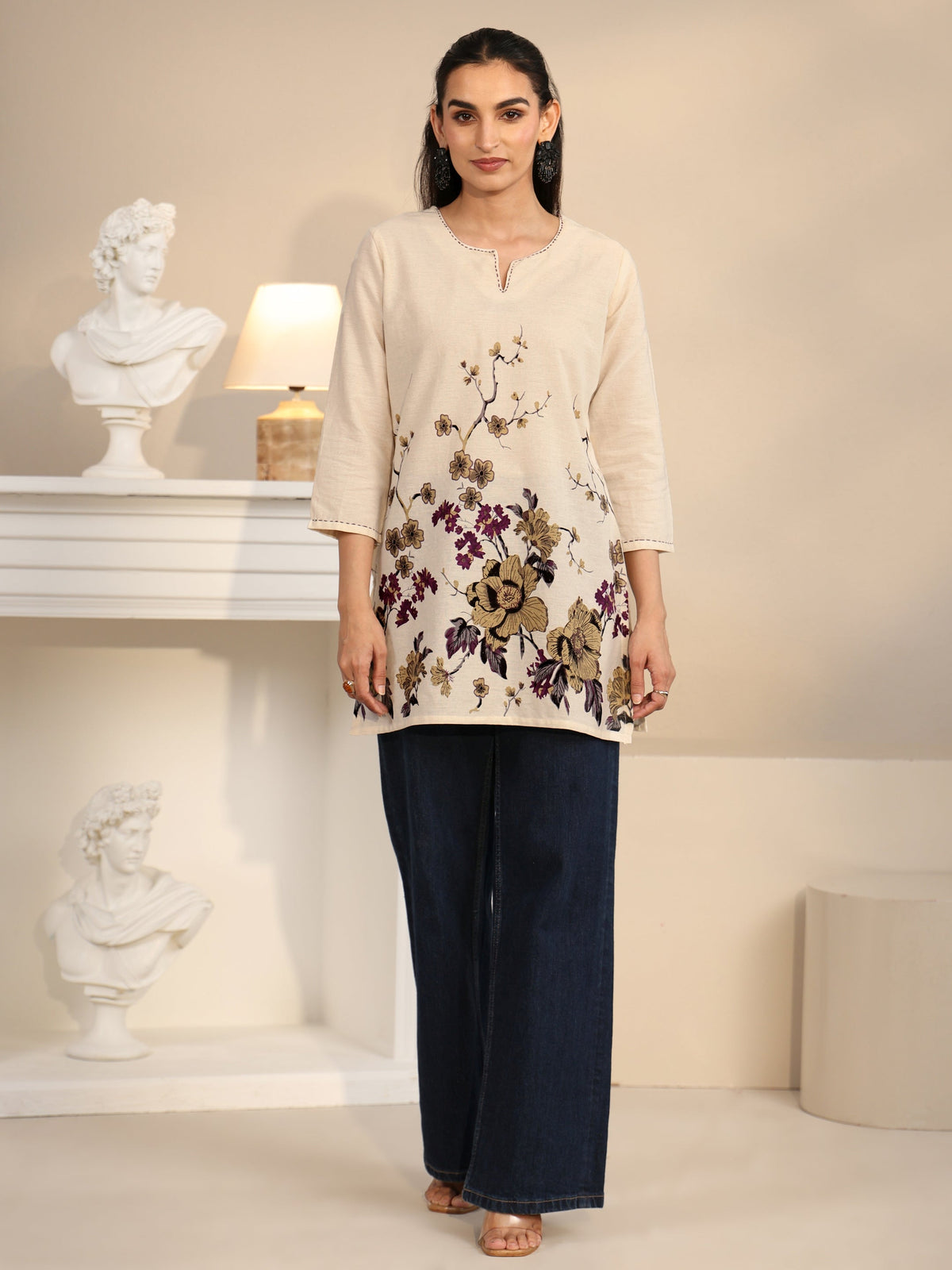 Anouk Off White Floral Printed Cotton Blend Short Kurti