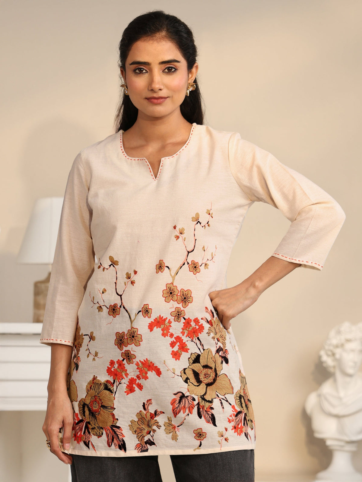 Anouk Off White Floral Printed Cotton Blend Short Kurti