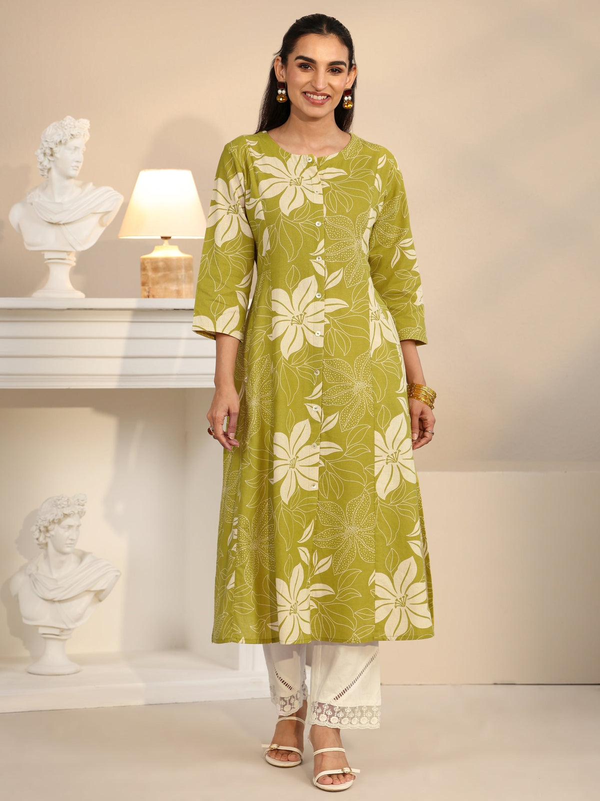Anouk Lime Green Floral Printed Cotton Blend A-line Kurta