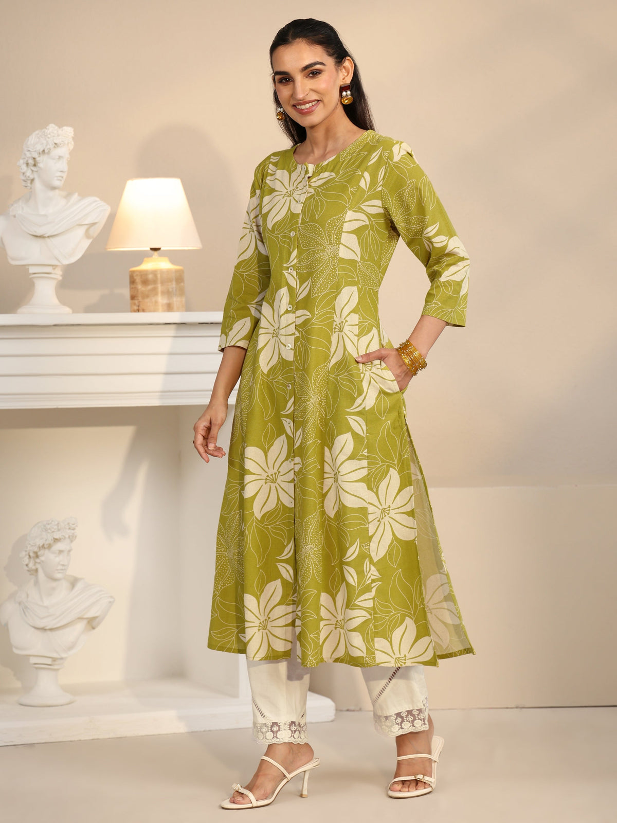 Anouk Lime Green Floral Printed Cotton Blend A-line Kurta