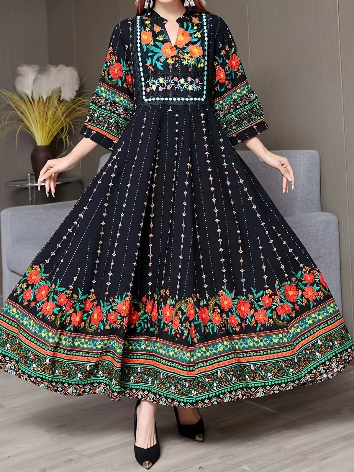 Women's Bohemian Ethnic Print Maxi Dress with Flowing Hem
