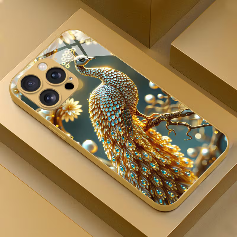 Luxury Golden Peacock Feather Glass Case for iPhone 📱✨