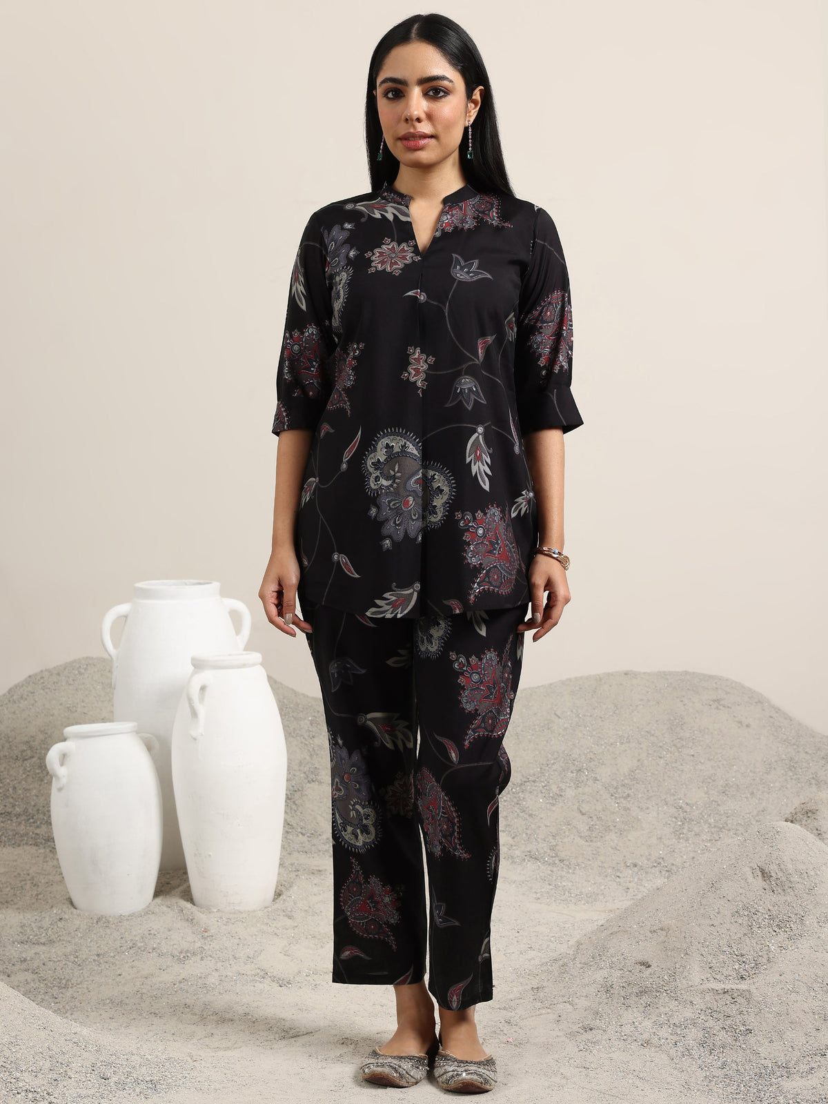 Anouk Black Printed Silk Blend Co-Ords