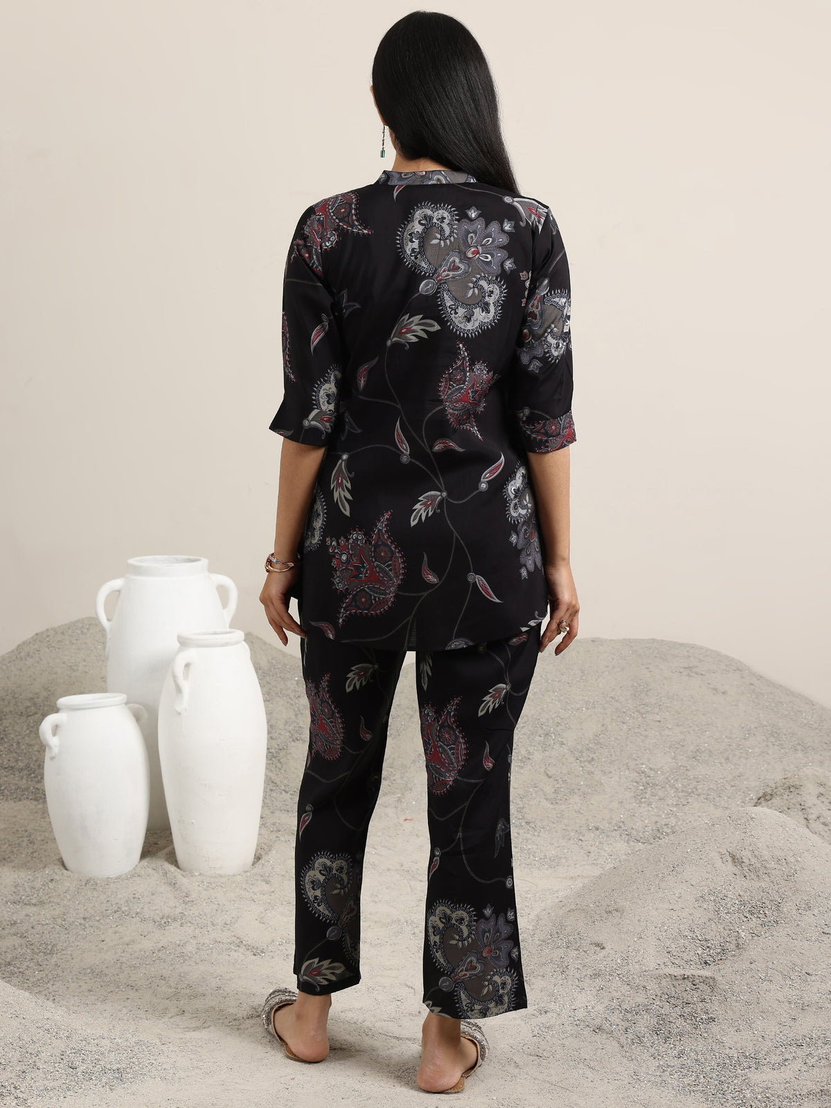 Anouk Black Printed Silk Blend Co-Ords