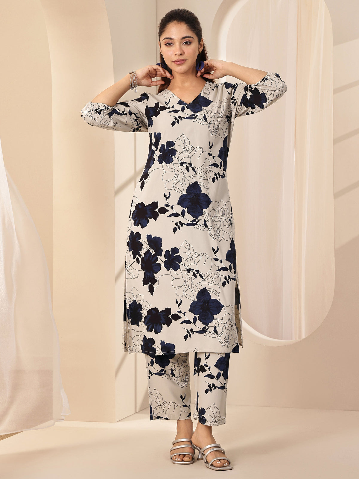 Anouk Grey Printed Rayon Co-Ord Sets