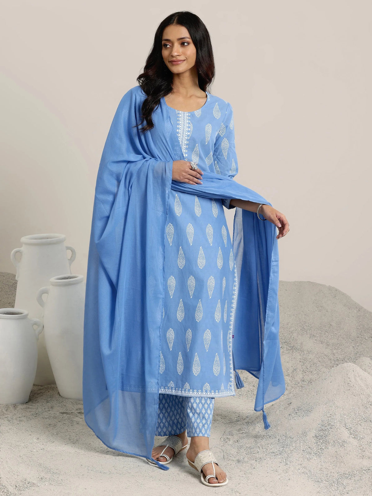 Anouk Blue Printed Cotton Straight  Suits With Dupatta
