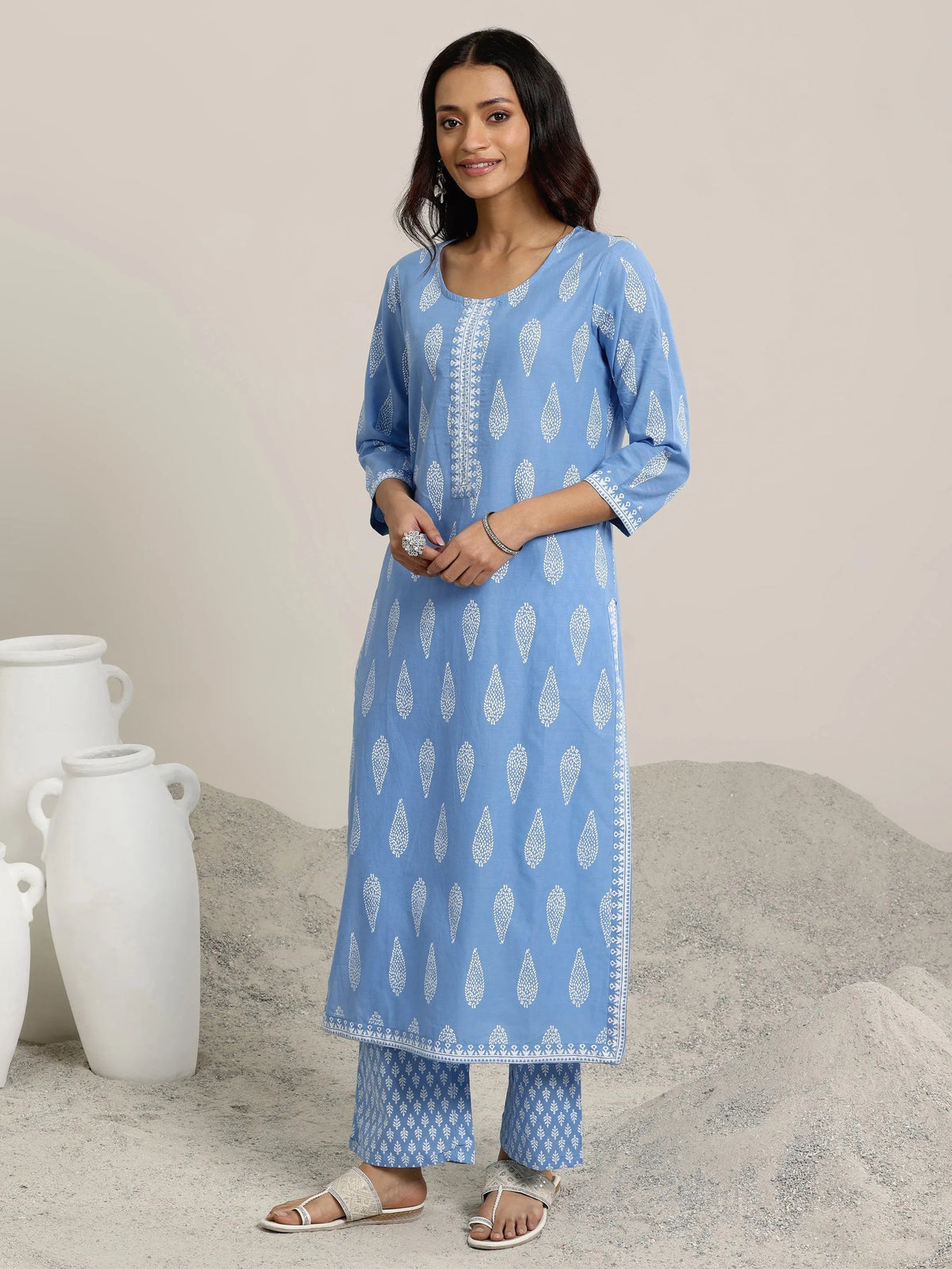 Anouk Blue Printed Cotton Straight  Suits With Dupatta
