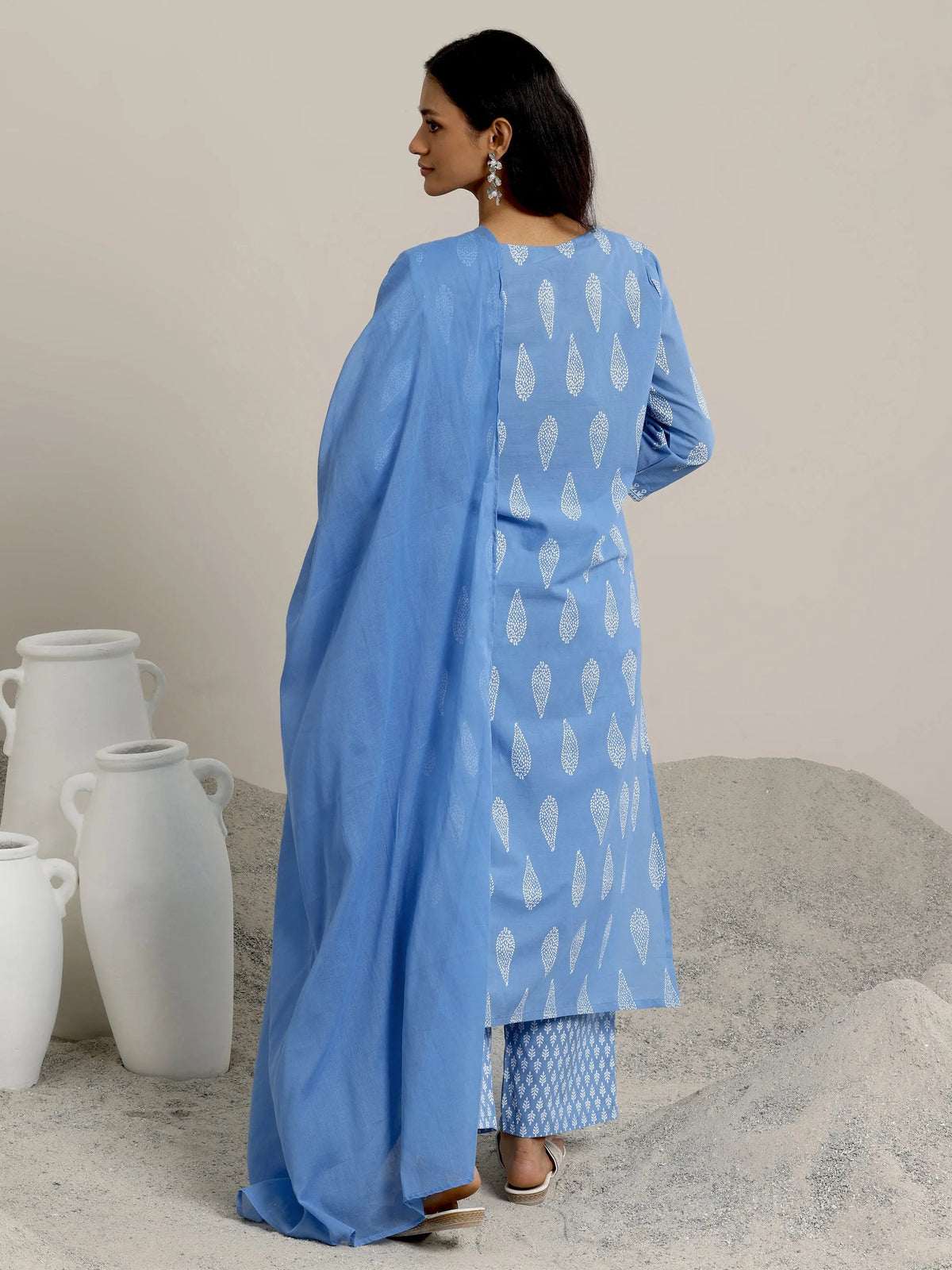 Anouk Blue Printed Cotton Straight  Suits With Dupatta