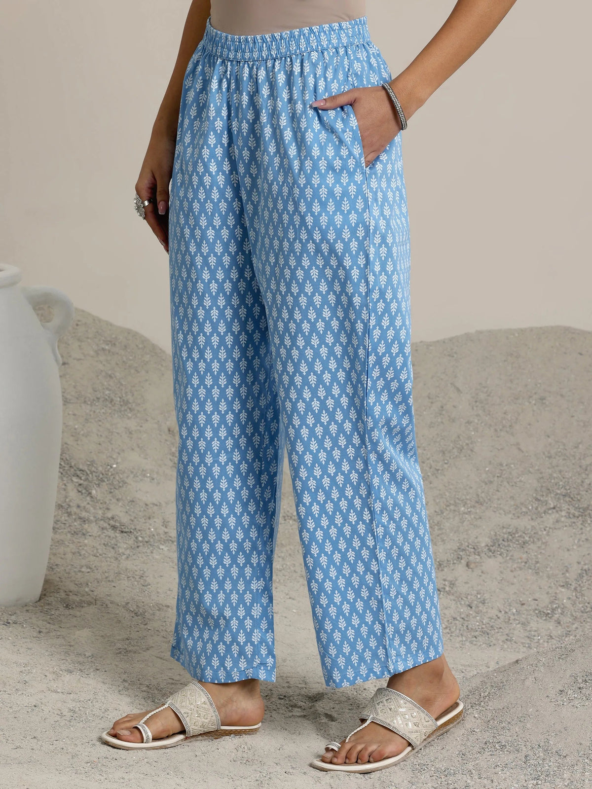 Anouk Blue Printed Cotton Straight  Suits With Dupatta