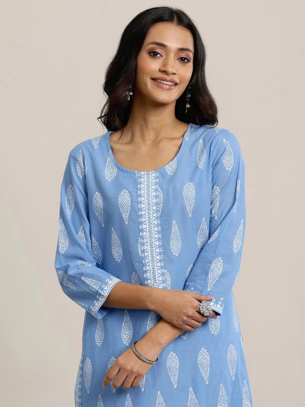 Anouk Blue Printed Cotton Straight  Suits With Dupatta
