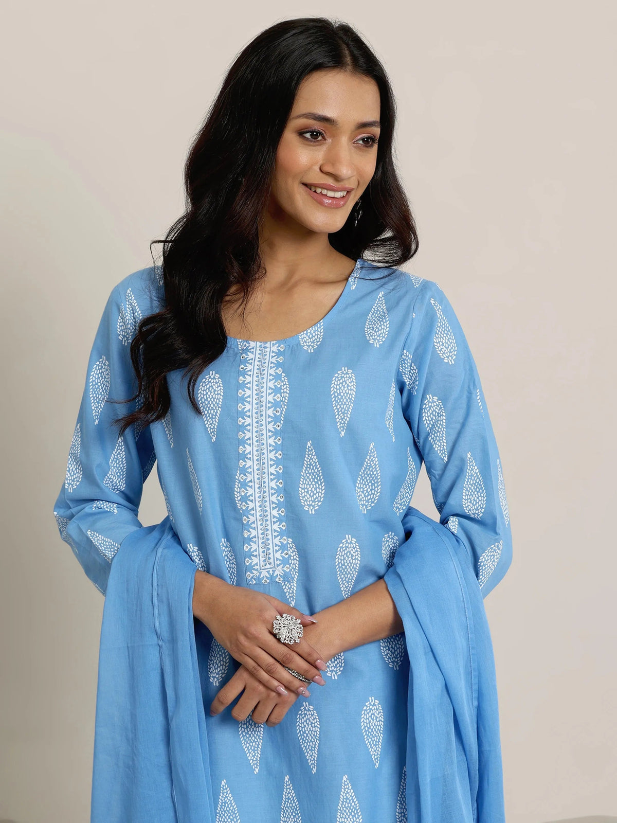Anouk Blue Printed Cotton Straight  Suits With Dupatta
