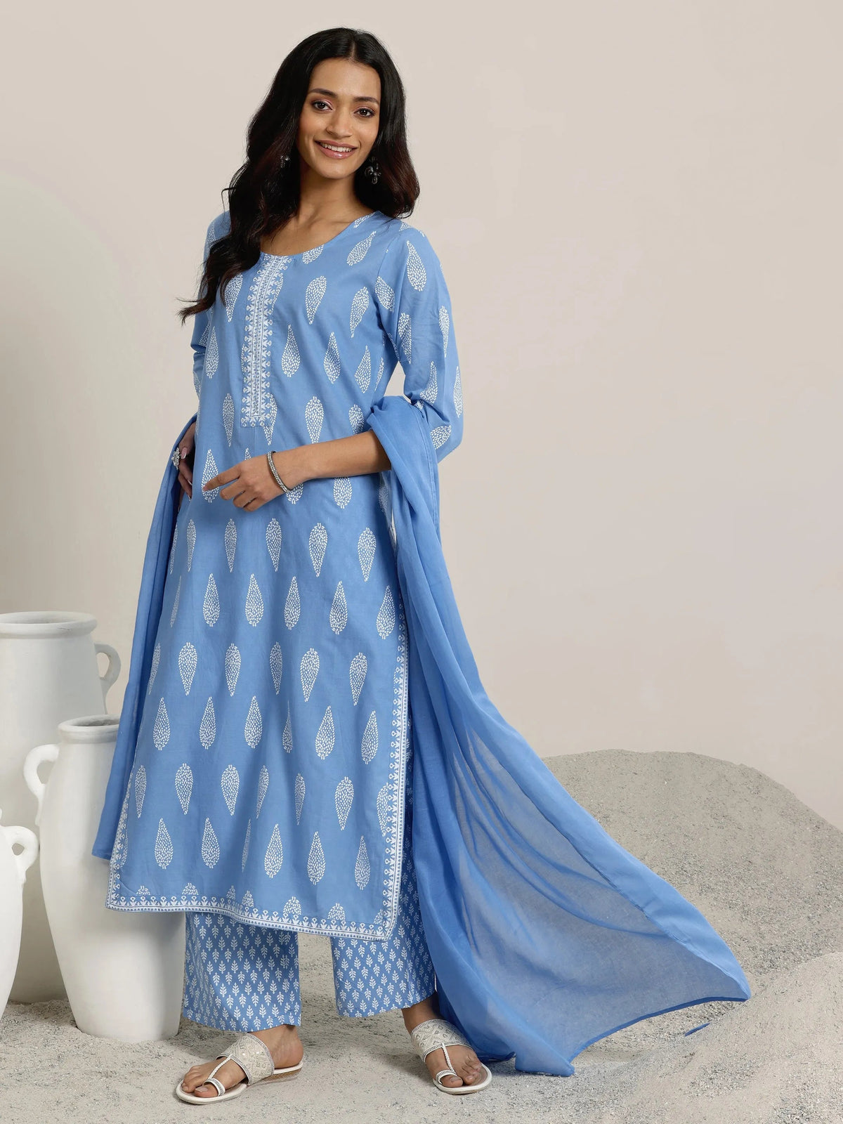 Anouk Blue Printed Cotton Straight  Suits With Dupatta