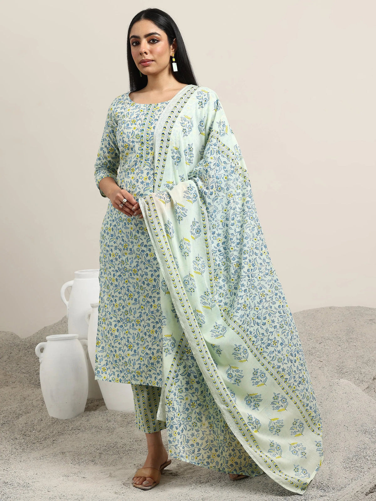 Anouk Blue Printed Cotton Straight Suit With Dupatta